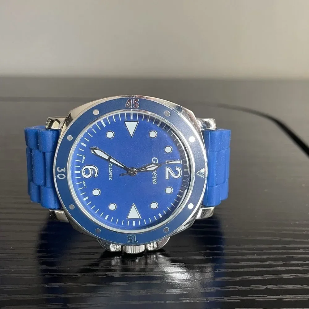 Geneva Rubber Band Silver & Blue Stainless Steel Back Watch